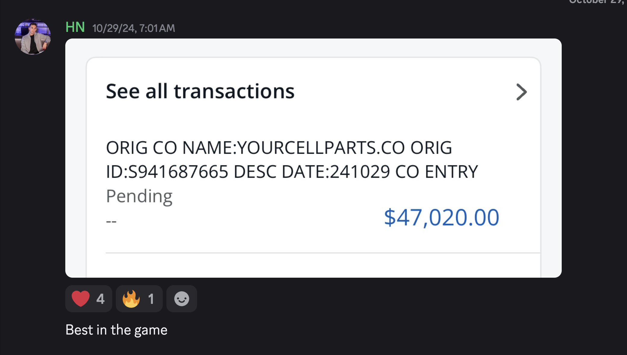 Seller payout screenshot